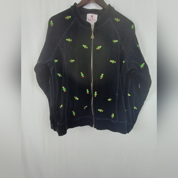 Quacker Factory Jackets & Blazers - Quacker Factory Winter Velour Embroidered Jacket Christmas Trees XL Black A81749